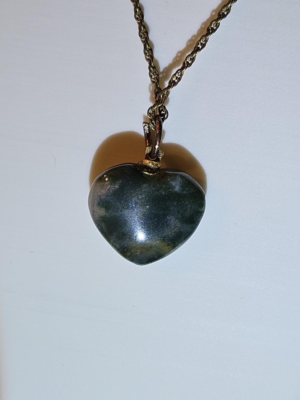 Stone Heart Pendant Necklace in Dark Green with Gold Bail. 2 Sided. - Picture 3 of 5